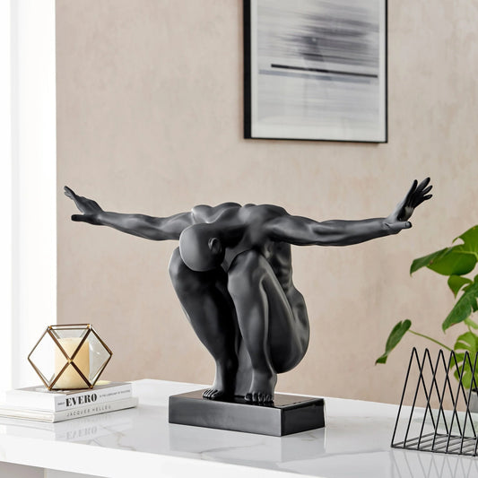 ESCULTURA DE RESINA DE HOMBRE SALUDANDO GRANDE 37" ANCHO X 19" ALTO // NEGRO MATE