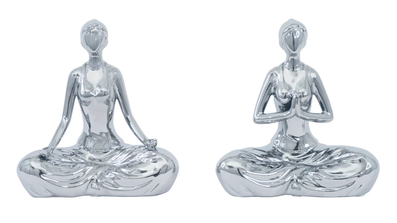 Escultura de Cerámica de Mujer Meditando de 2 Piezas