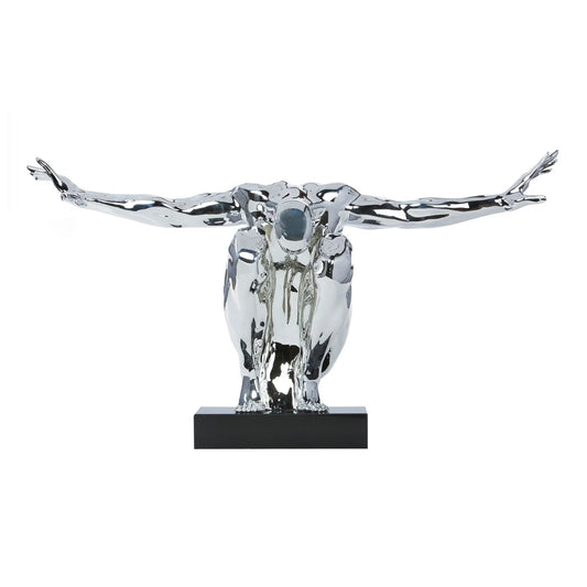 ESCULTURA GRANDE DE RESINA DE HOMBRE SALUDANDO 94 CM DE ANCHO X 48 CM DE ALTO // CROMO